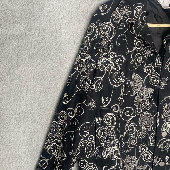 Susan Graver style embroidered linen blend blazer jacket black button FLAWED L - Picture 2 of 7